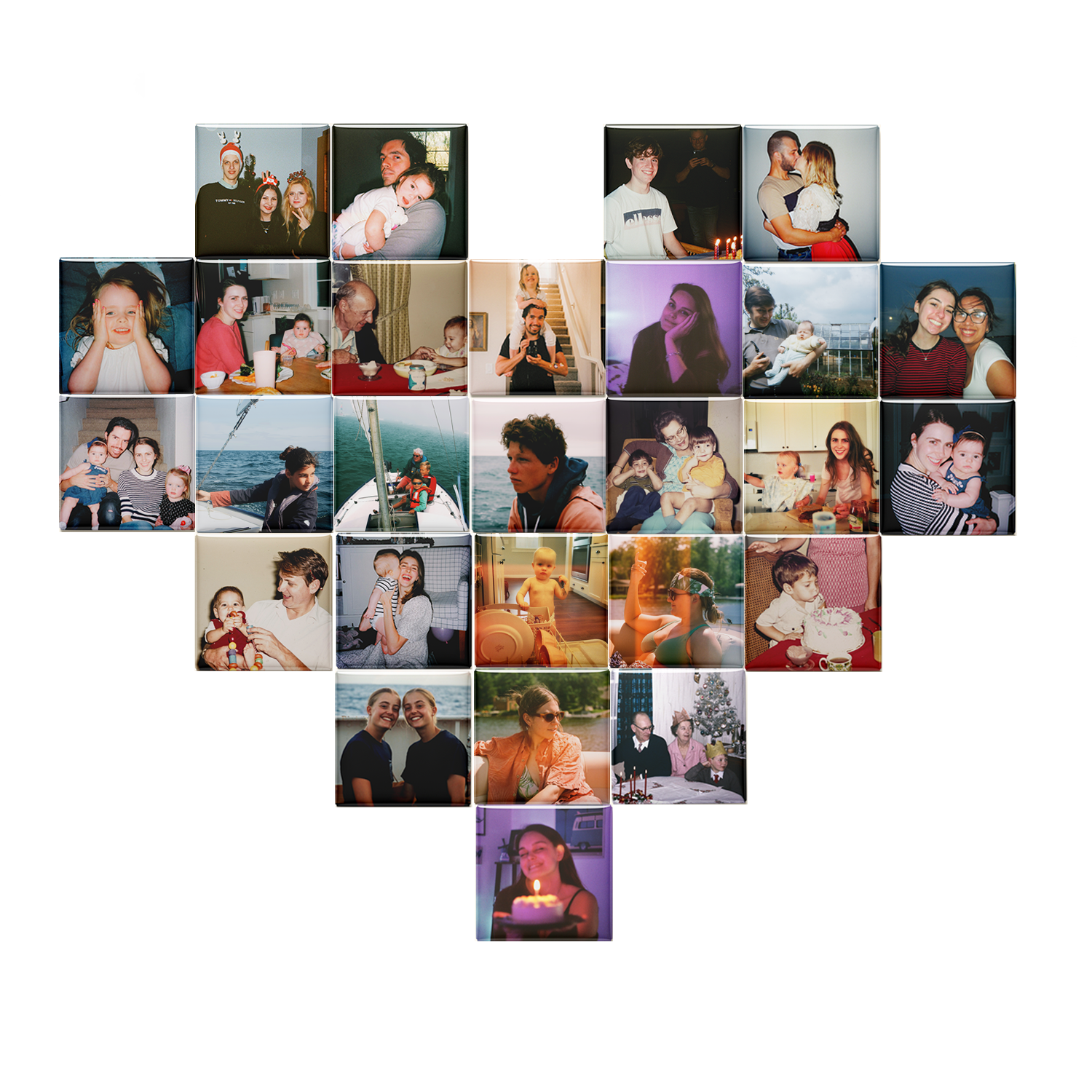 A collage of personalized fridge magnets in a heart shape, showcasing the product quality.